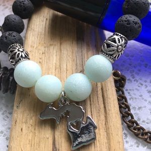 Michigan Charm Bracelet with Black Lava Beads-Oil.